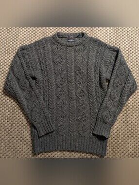 Vintage Allen Solly 100% Pure Wool Cable Knit Gray Fisherman's Sweater Small